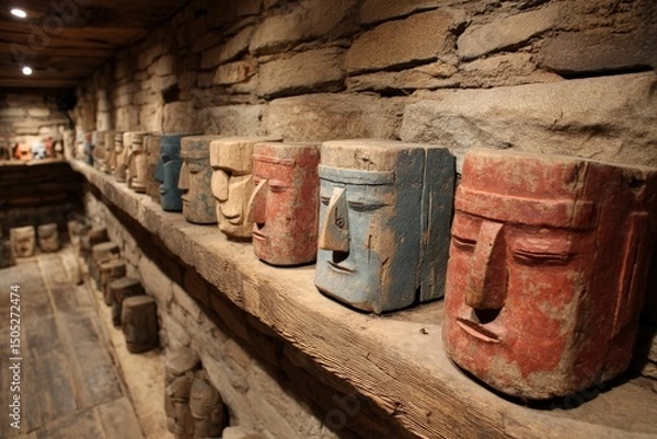Fototapeta Museum exhibit displaying ancient stone masks from indigenous cultures in a historic location