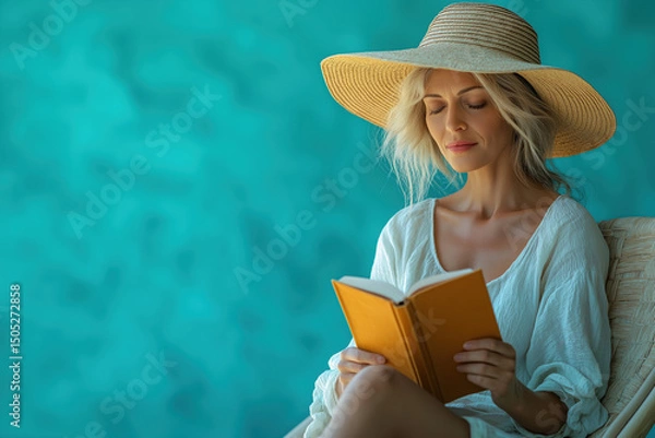Fototapeta Lecture sur la plage d’une femme en vacances, ambiance détendue et estivale sous un grand chapeau de soleil avec vue sur la mer turquoise