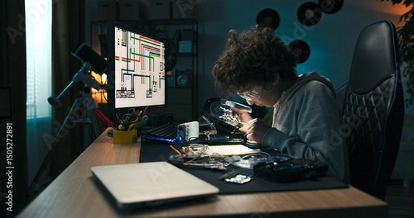 Obraz With tools in hand and goggles on, the young learner experiments with soldering wires. His concentration and interest signal a love for problem-solving and engineering challenges.