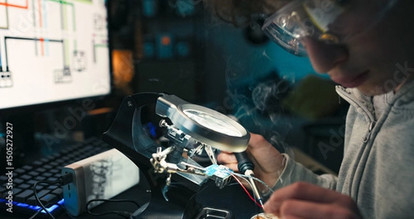 Obraz With focus and patience, the little engineer solders wires at his desk. He experiments with components and gains confidence while learning how devices work inside.