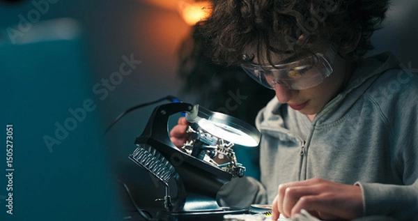 Fototapeta A boy wearing safety glasses sits at a desk, soldering a motherboard for a school project. He concentrates fully, developing a strong interest in electronics.