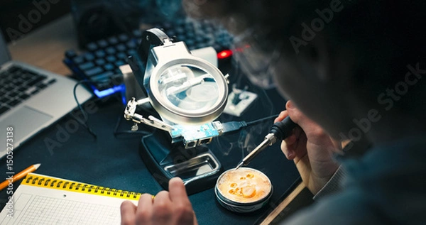 Fototapeta A curious child concentrates under soft light, assembling cables for a robot. He uses a magnifier and learns how to connect wires safely and precisely with steady hands.