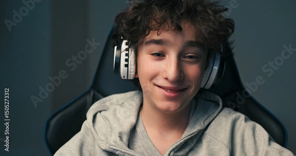 Fototapeta A calm boy in a sweatshirt sits at a desk with wireless headphones on. His eyes are fixed on the computer as he listens and learns in a quiet home setting.