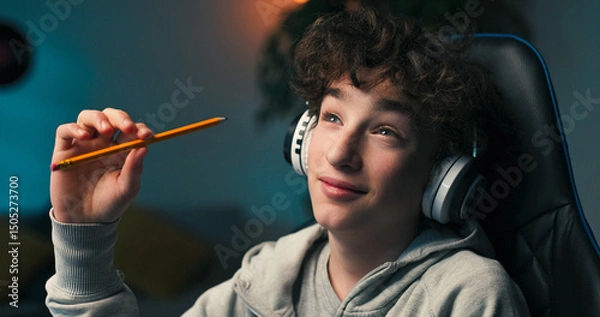 Fototapeta A child focuses on a school assignment, holding a pencil near the screen. He evaluates his work and thinks deeply about new ideas and future creative directions.