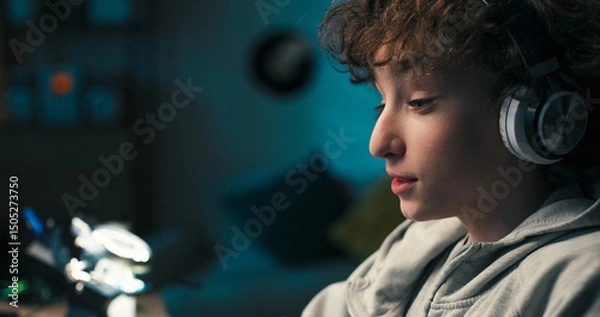 Obraz Focused on the screen, the child scrolls through websites and whispers thoughts out loud. His fingers move quickly as he searches for ideas and interacts with imagined conversation.