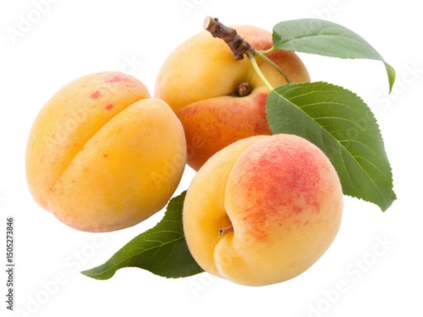 Fototapeta Fresh Apricots with Green Leaves Still Life Isolated on transparent background, Isolated Png file, Cut-out, Isolate Png, No Background, Isolated object