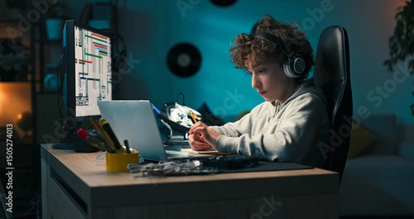 Fototapeta A young boy sits at his desk with wireless headphones in front of a computer taking notes with a pencil, drawing a design, passionate about architecture.