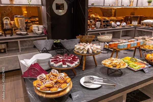 Fototapeta Breakfast buffet with sweets cakes