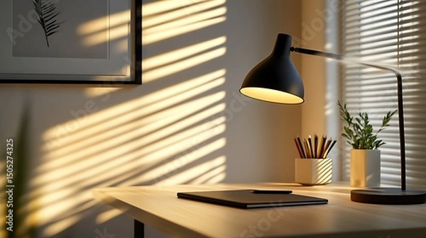 Fototapeta A modern minimalist desk setup with a laptop, notebook, and sleek black lamp, clean white walls, soft daylight streaming through blinds, organized with minimal school supplies.