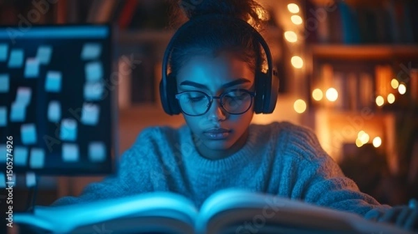 Fototapeta A student studying late at night, desk lit by LED strip lights, sticky notes covering monitor edges and wall behind, intense focus while highlighting text in textbook, headphones on.