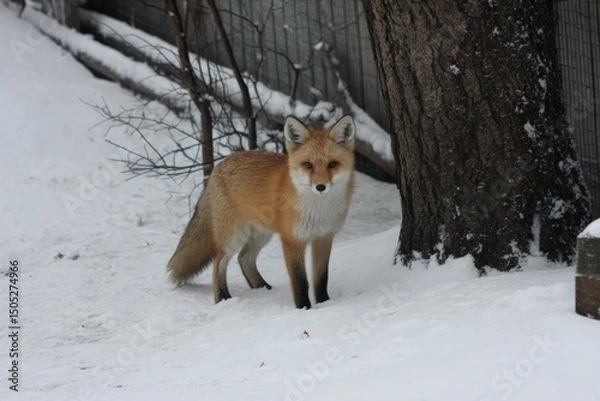 Fototapeta Fox exploring snowy landscape near a tree in winter, showcasing its fur and inquisitive nature