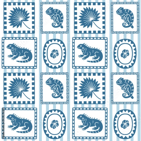 Fototapeta Monochrome seamless pattern with iguanas, chameleons, and tropical elements in bold graphic frames, perfect for jungle-themed prints and modern decor.