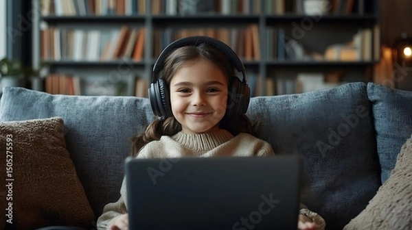Fototapeta A young student in headphones, sitting on a couch with a laptop on their lap, smiling while attending an online class, casual homewear, background includes bookshelves and natural light from window.