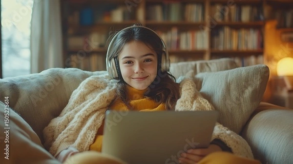 Fototapeta A young student in headphones, sitting on a couch with a laptop on their lap, smiling while attending an online class, casual homewear, background includes bookshelves and natural light from window.