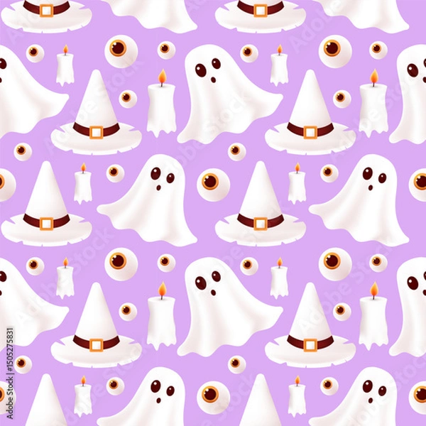 Fototapeta Happy Halloween seamless pattern. Ghost, witch hat, candle, eye. Holiday vector illustration