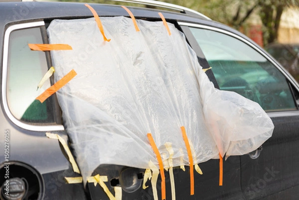 Fototapeta Damaged rear car window temporarily covered with plastic sheet and tape, serving as a quick fix for weather protection.