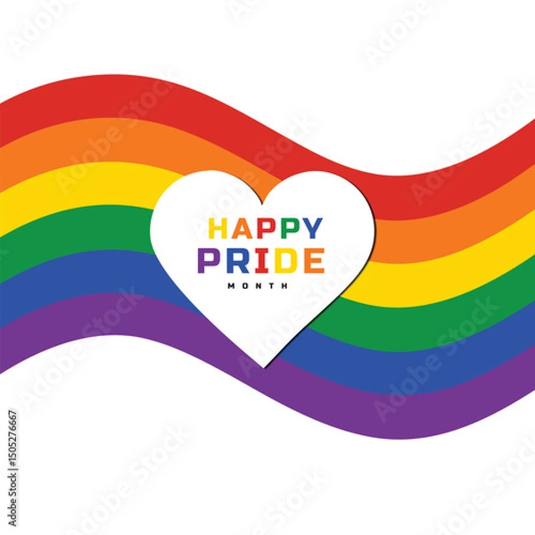 Fototapeta Colorful pride month celebration design with rainbow and heart shaped message on white background