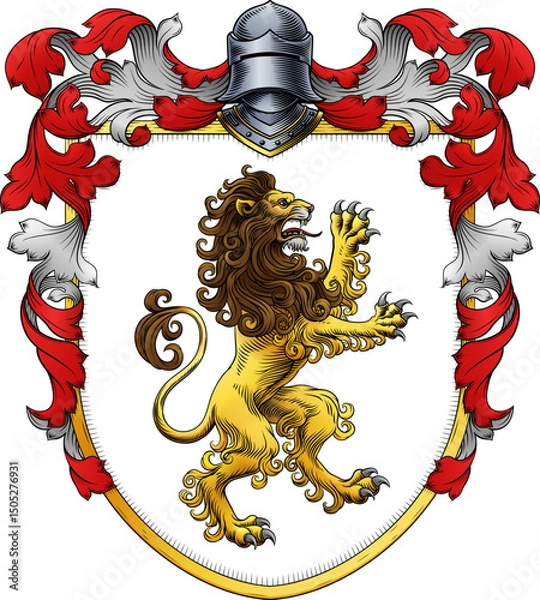 Fototapeta A lion coat of arms or crest family heraldry medieval heraldic knight shield with helmet and acanthus filigree scroll ornament in a vintage woodcut style.