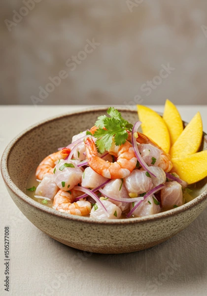 Obraz Close up shot of a beautifully plated ceviche with shrimp and mango.
