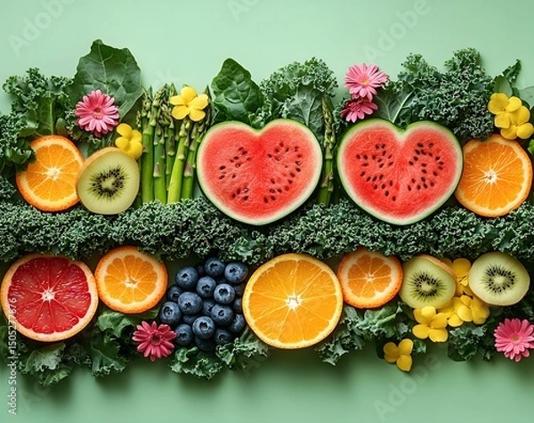 Fototapeta Heart-Shaped Watermelon Slices and Citrus Fruits on a Bed of Kal