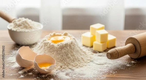 Fototapeta flour scattered on a wooden surface with cracked eggs, butter cubes, and a rolling pin