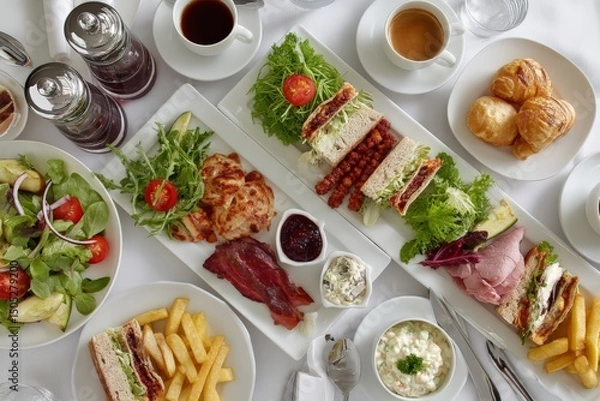 Fototapeta Delicious breakfast spread featuring sandwiches, salads, and pastries at elegant dining setting