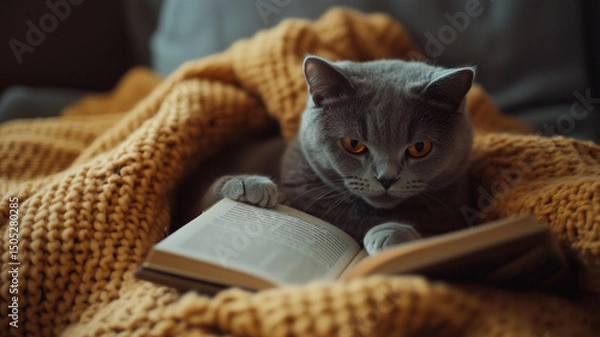 Fototapeta A British Shorthair cat beside a child reading a book under a cozy blanket, soft indoor light