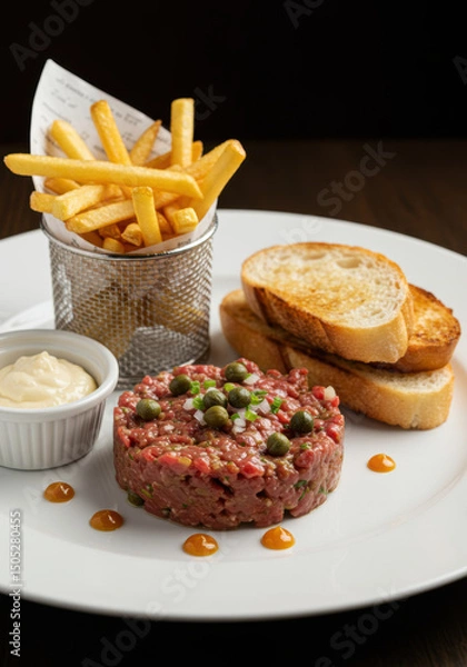 Fototapeta A beautifully plated steak tartare served with french fries and toasted bread.