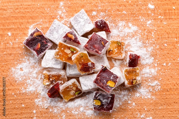Obraz Sweet food Turkish delight, assorted rahat locum in form of cubes with nuts and powdered sugar, traditional food