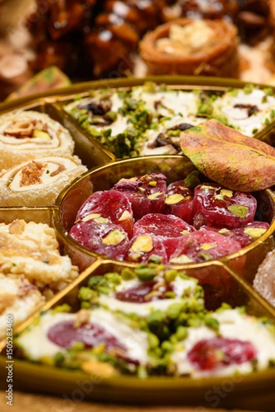 Obraz Sweet food Turkish delight on wooden background, assorted locum and candy for decorated backdrop