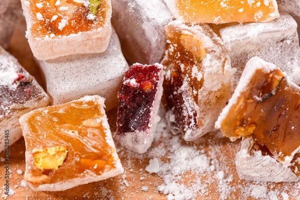 Obraz Sweet food Turkish delight, assorted rahat locum in form of cubes with nuts and powdered sugar, traditional food