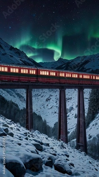 Fototapeta Winter panorama of a train on a bridge over a river at night, with snow-capped mountains, icy peaks and a misty forest under a cold, cloudy sky with northern lights