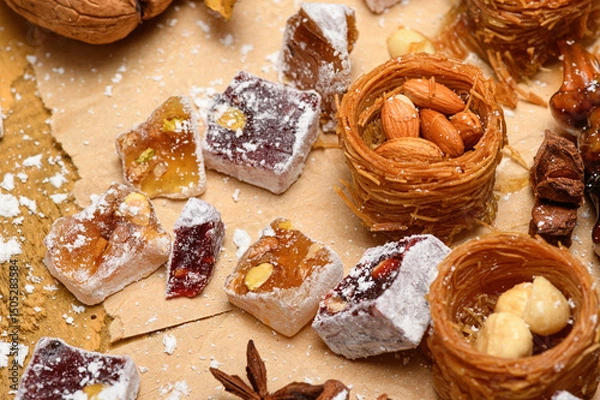 Obraz Sweet food Turkish delight on wooden background, assorted locum and candy for decorated backdrop