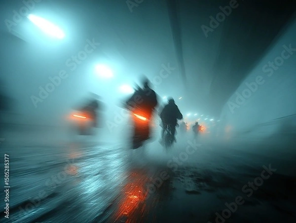 Fototapeta Night Riders in Foggy Tunnel.