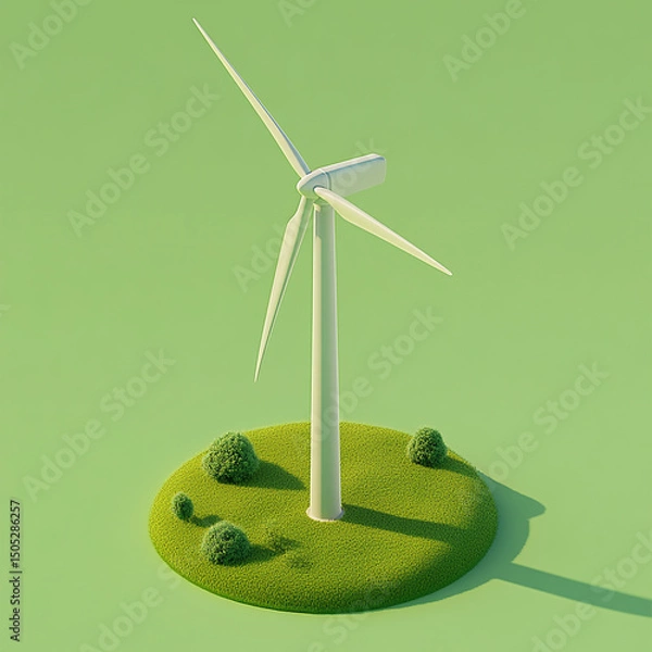 Fototapeta Isometric 3D animation-style representation of a wind turbine standing tall in a lush green field, blades gently curved, illustrating renewable energy, on neutral background Made with generative AI