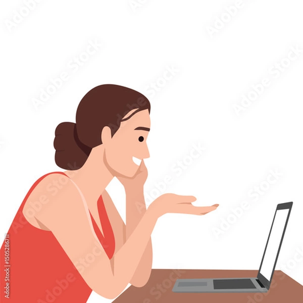 Fototapeta Woman in a red top engages in a video conversation, smiling and gesturing at her laptop screen. Flat vector illustration isolated on white background