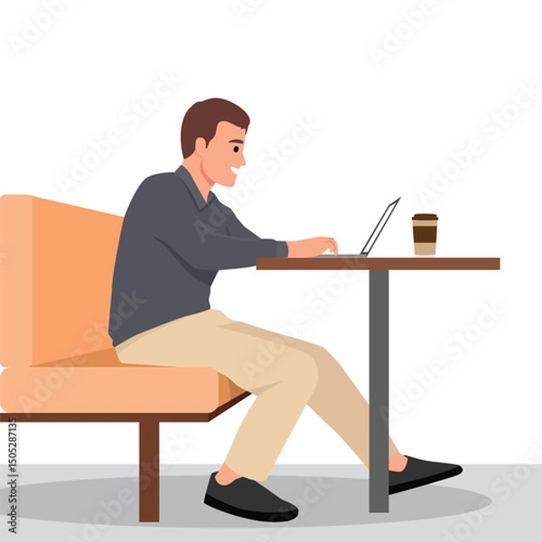 Fototapeta Man sits on a cushioned bench in a cafe, typing on his laptop with a coffee cup nearby on the table. Flat vector illustration isolated on white background