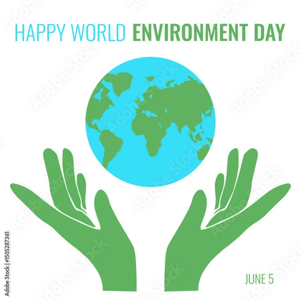 Fototapeta Environment Day. Simple Environment Day poster cover template design. Vector illustration with flat green hand and globe isolated white. EPS 10