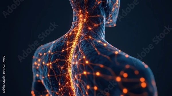 Fototapeta Realistic Human Silhouette with Glowing Nerves Illustration on Dark Background