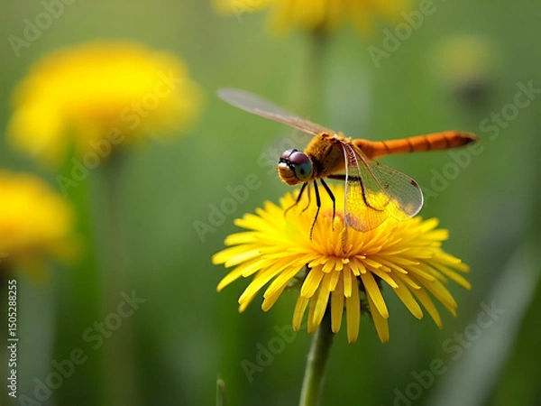 Fototapeta Nature's Jewel Vibrant Dragonfly on a Golden Dandelion Flower Generative AI