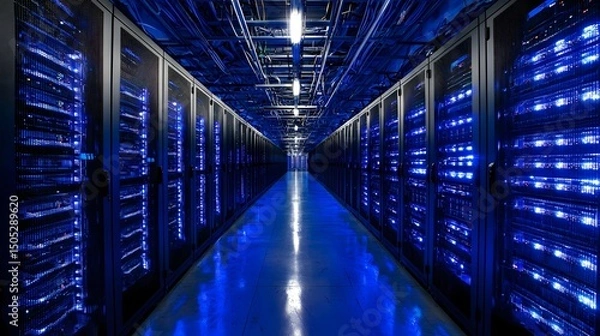 Fototapeta Modern Data Center with Blue Lighting and Server Racks Inside