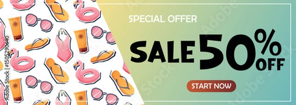 Fototapeta Vector banner with a fifty percent discount and beach accessories. Ideal for vacation sales, summer ads, clothing stores, and travel promotions.