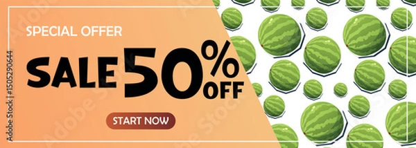 Fototapeta Vector banner with a special offer and fifty percent discount on watermelon background. Great for summer sales, stores, ads, and fruit-themed promotions.
