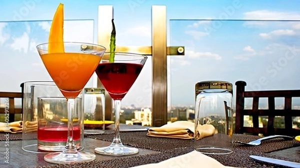 Obraz An assortment of refreshing cocktails and mocktails elegantly served in high-quality glassware at a sophisticated restaurant.