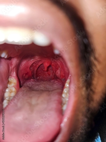 Obraz Close-up photograph depicting acute pharyngitis and tonsillitis, common medical conditions affecting the throat.
