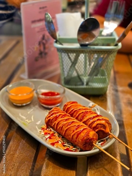 Obraz A classic American fast food, the Corn Dog (Hot Dog),typically deep-fried and skewered, often found in carnivals and fairs.
