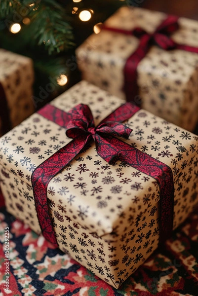 Obraz Beautifully wrapped Christmas gifts with intricate patterns and rich red ribbon, placed under festive tree, evoke warm holiday spirit