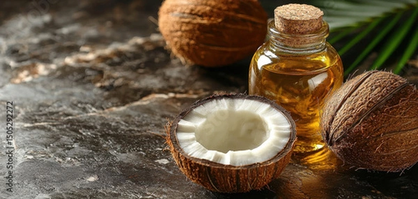 Obraz Bowl with coconut, coconut oil, and whole coconuts on dark stone surface. natural elements evoke sense of freshness and tropical vibes