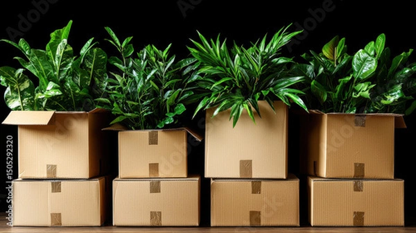 Obraz Collection of cardboard boxes filled with lush green plants, showcasing vibrant display of foliage. arrangement creates lively and refreshing atmosphere, perfect for any space