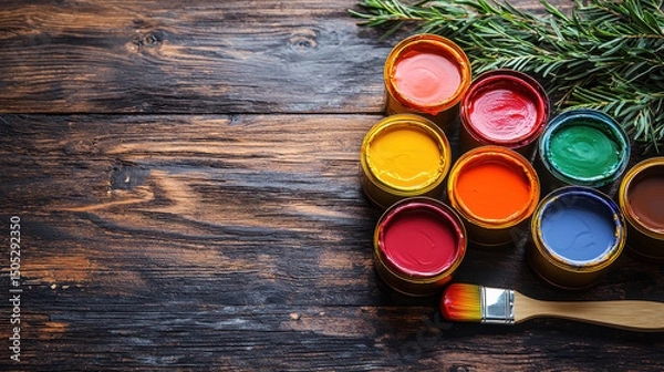 Obraz Colorful cans of paint arranged on rustic wooden surface, accompanied by paintbrush and greenery. vibrant hues evoke creativity and artistic expression